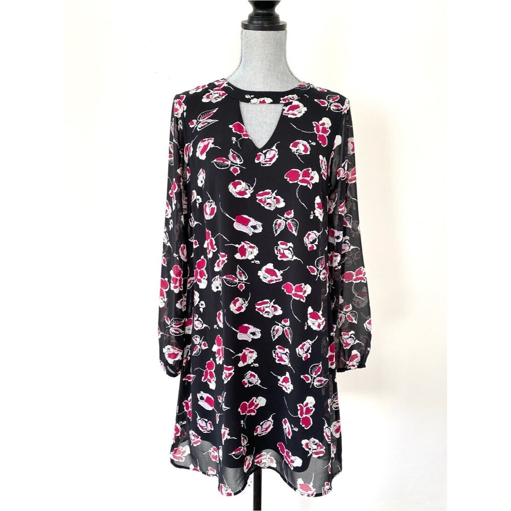 Ruff Hewn Grey Floral Long Sleeve Mini Dress Black, Fuchsia & White Preppy Chic